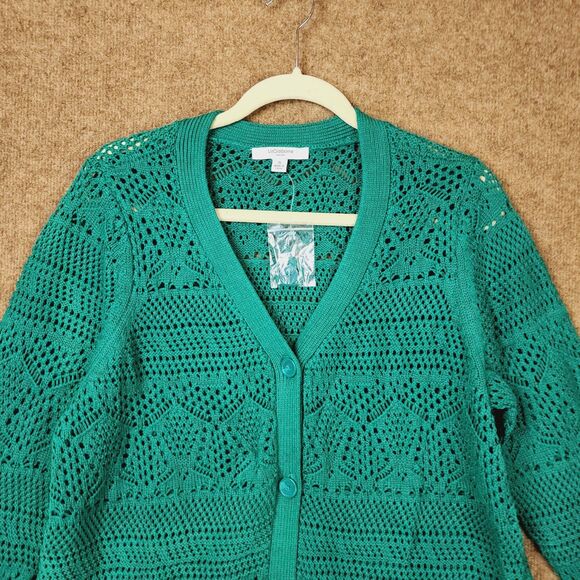 NWOT Liz Claiborne Women Green Button-Up L/S Cardigan XL V-Neck Open Weave Knit - Picture 2 of 9